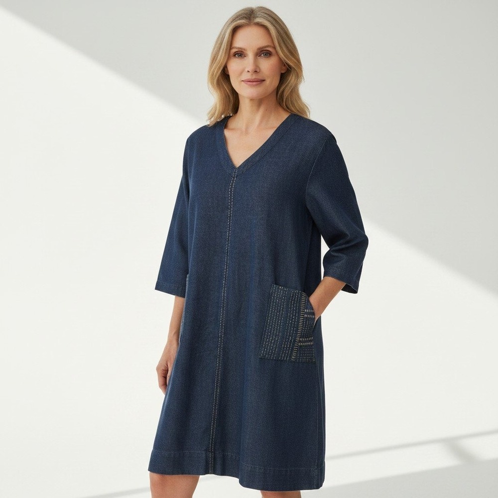 Marketplace Handwork of India Indigo Organic Cotton Silk Tunic Dress M Kantha